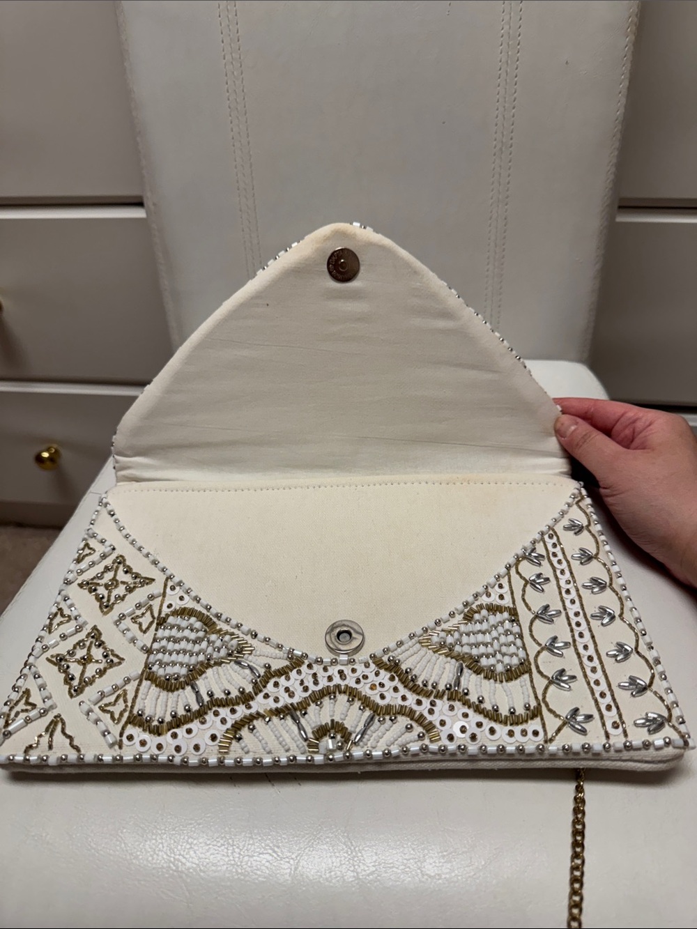 Like New Lulu's White Beaded Envelope Clutch with Gold Chain